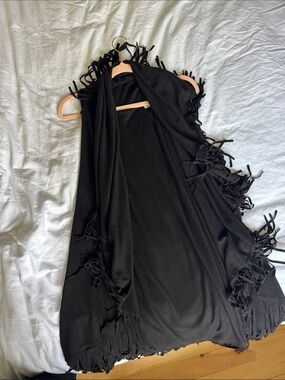 Black Fringe Vest Wrap / Shall - Women Jackets & Coats